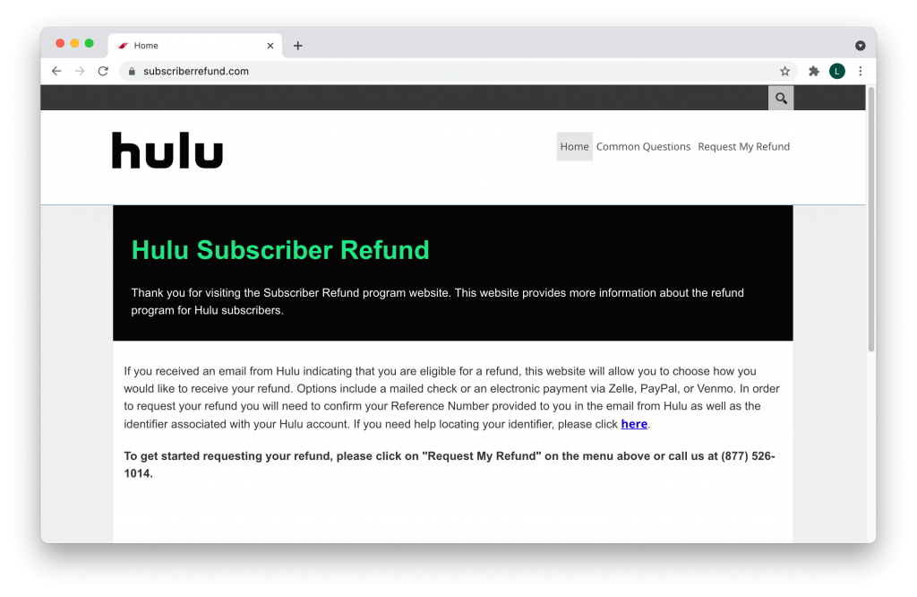 Fake Hulu refund page