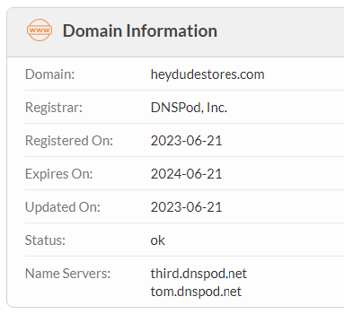 Domain information of HeyDudeStores Com Scam