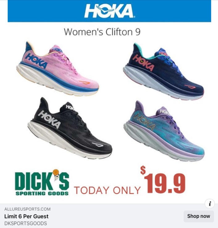 Sample fake DICK’s Sporting Goods/HOKA Facebook ad