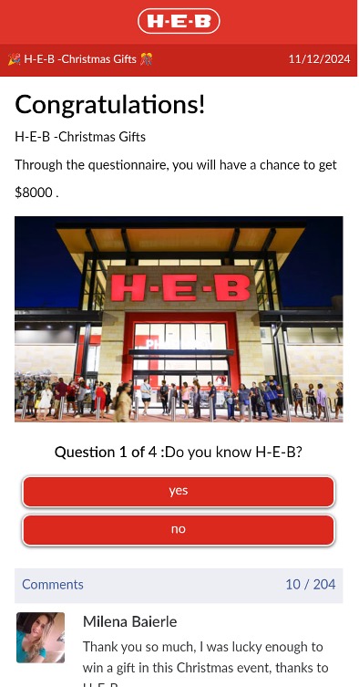Christmas Scam 2024_H-E-B giveaway_Fake survey page