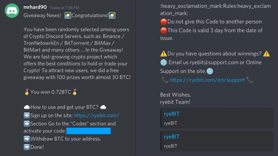 Bitcoin Giveaway Scams on Discord. Source: Reddit